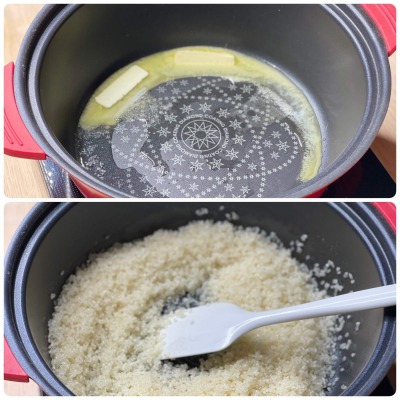 生米を鍋で炒める